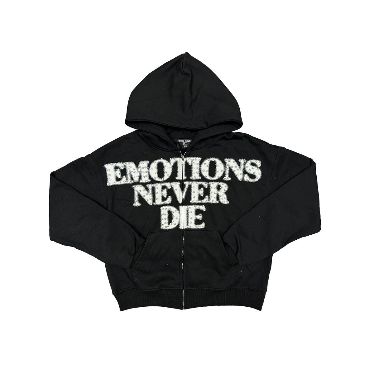 Dark black zip-up hoodie adorned with sparkling rhinestones spelling End for a bold, fashionable statement