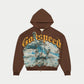 A middle weight brown wash zip hoodie featuring a reflective chrome Statue of Liberty design on the front