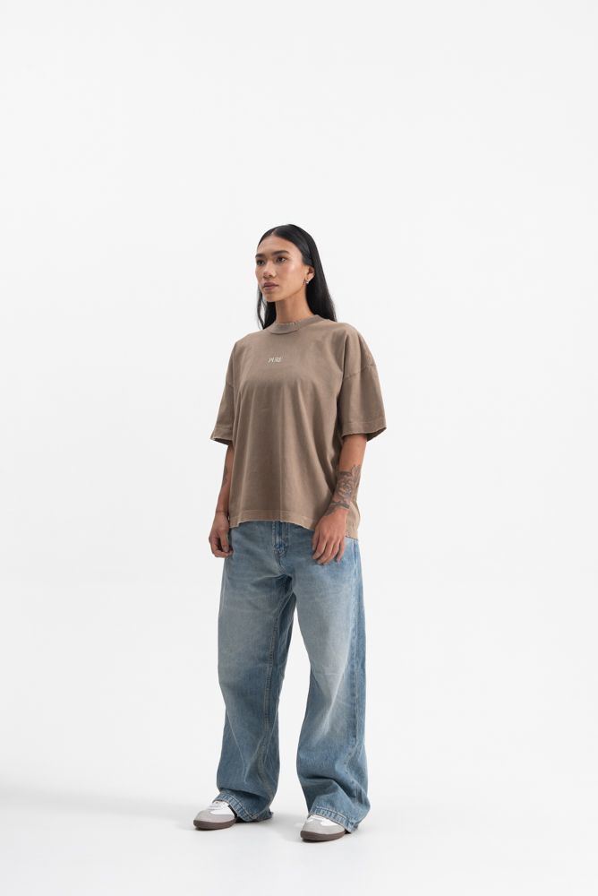 Full-length shot of the PURE Knockout Gloves Brown T-shirt emphasizing the oversized fit and comfortable cotton material