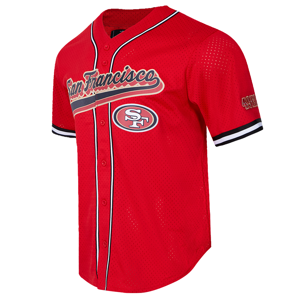 Official Pro Standard San Francisco 49ers Script Tail Mesh Button Up Jersey in bold red and black colors