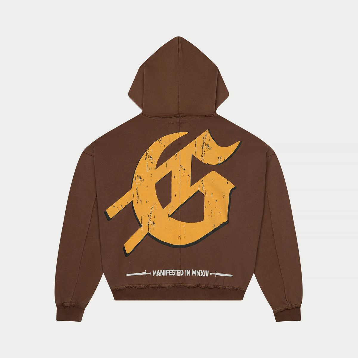 Front view of the Godspeed Chrome Liberty Zip Hoodie in brown wash showcasing the striking reflective Statue of Liberty graphic