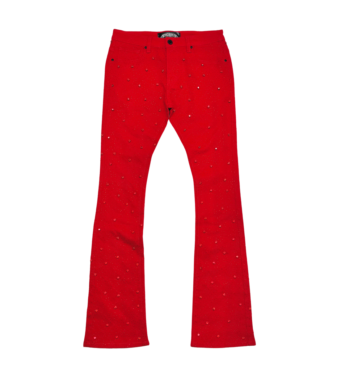 Vicious Embellish Rhinestone Red Flare Denim Jeans with stylish flare and bold red color