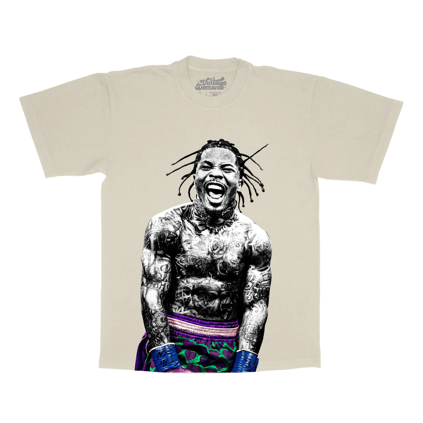 Cream vintage Demand Gervonta Tank Flex T-shirt featuring jumbo print, dropped shoulder, and true to size fit