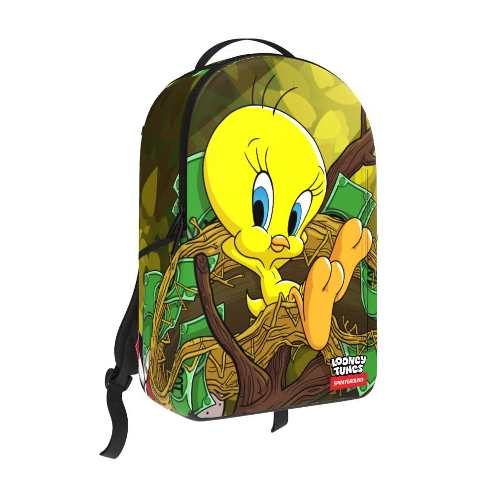 Sprayground Looney Tunes Tweety Money Nest Shark backpack featuring Tweety Bird and shark design, made of 100% PVC, measuring 18 inches in height, 115 inches wide, and 65 inches deep