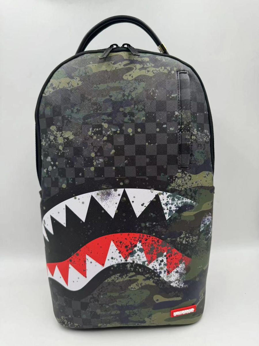 Front view of the Sprayground Camo Splash DLXSV Backpack showcasing its spacious dimensions of 18 by 115 inches with sturdy construction