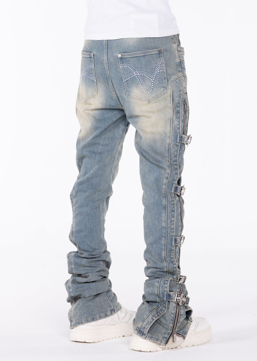Guapi Vintage Blue Cross Buckle Denim Jeans