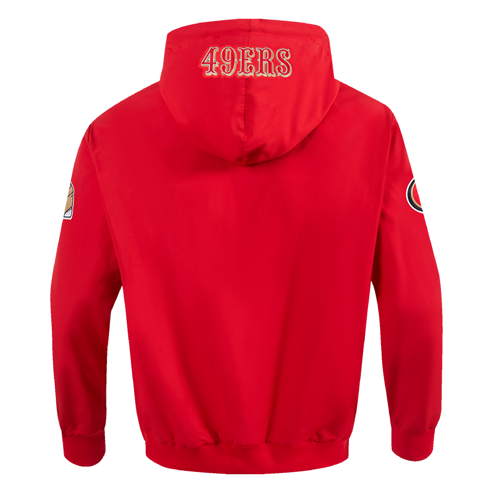 Close-up of the Pro Standard 49ers red full zip wind hoodie showing front zipper detail