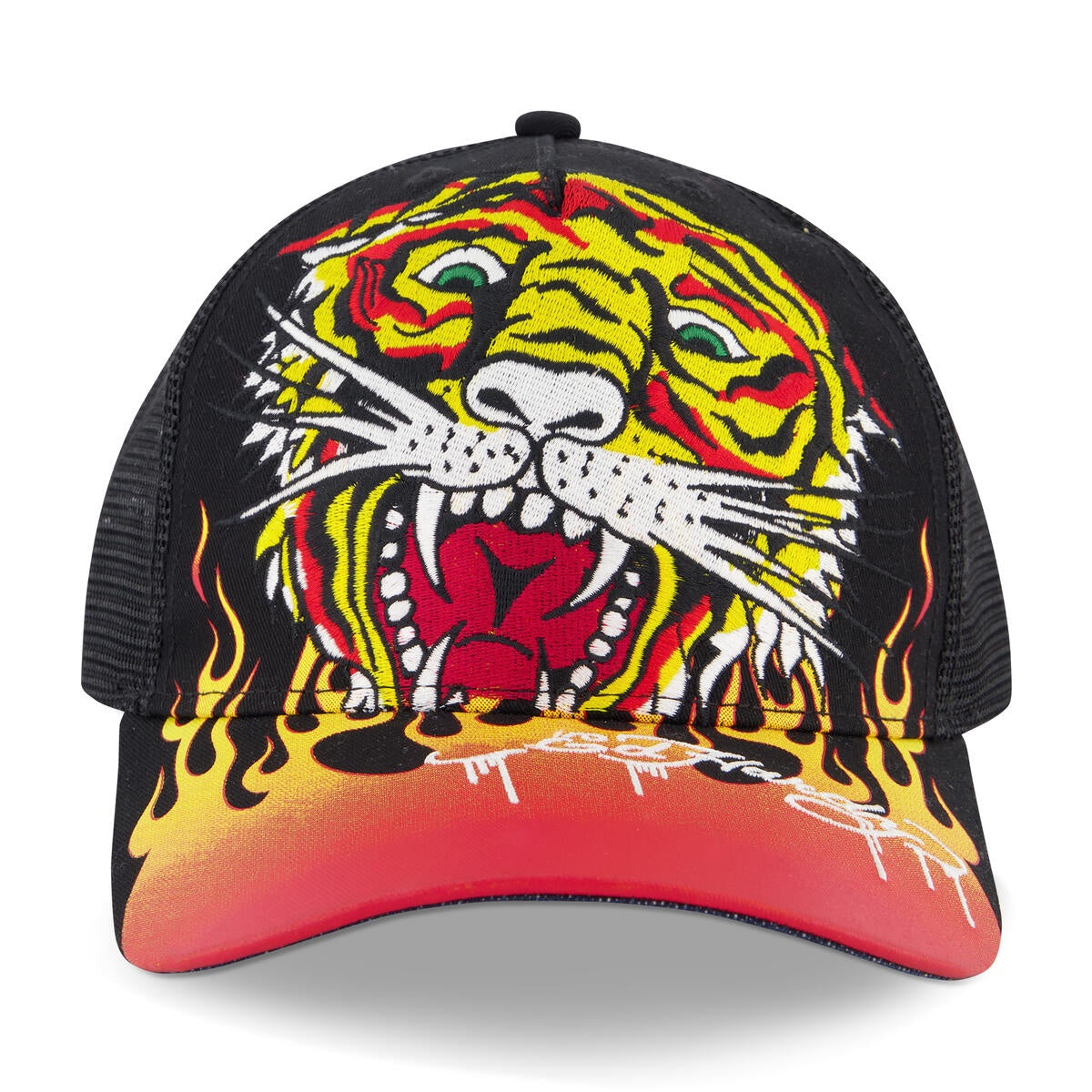 Ed Hardy Embroidered Tiger Flame Trucker Hat - Black