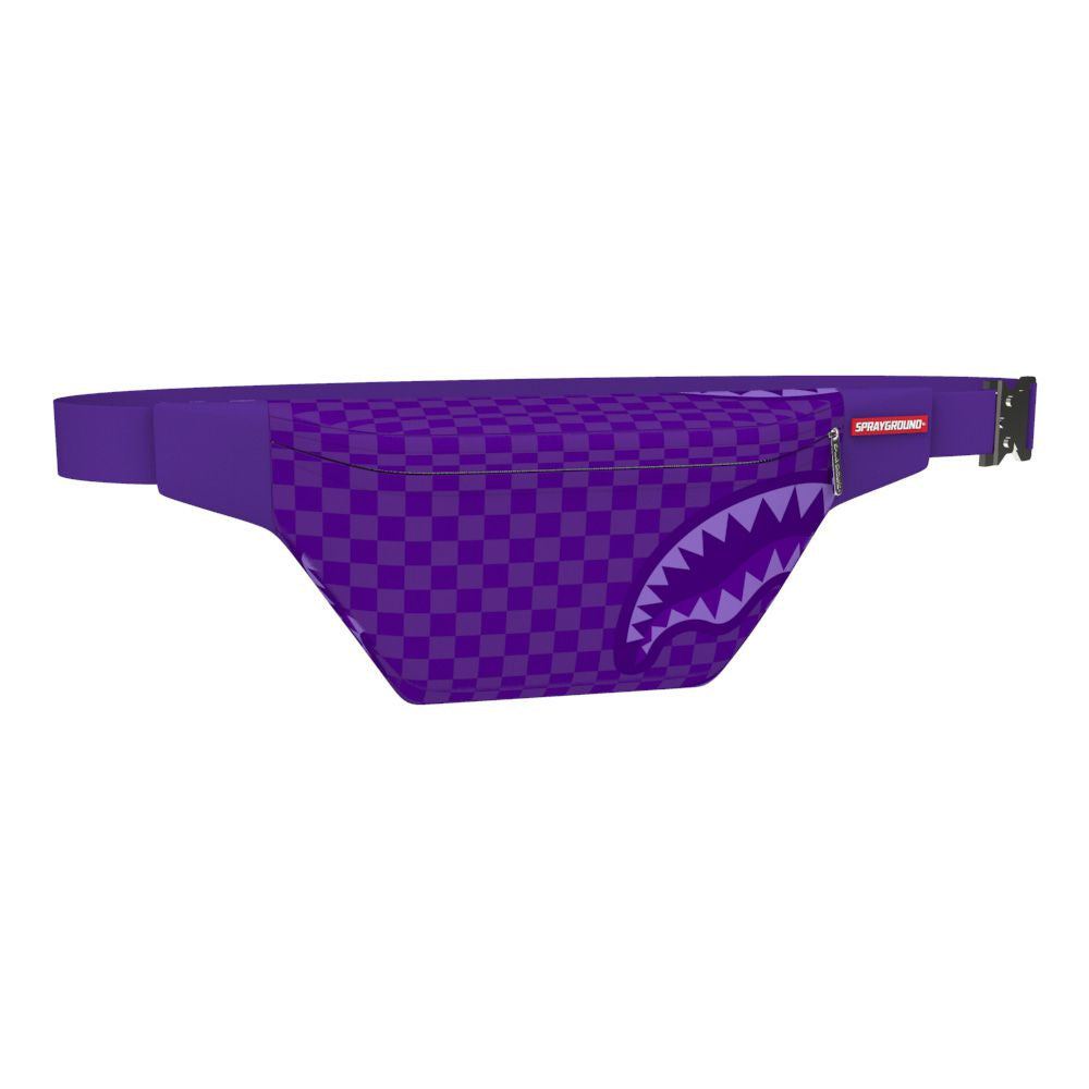 A stylish Sprayground purple sharks in Paris Savvy crossbody bag made of 100% PVC with dimensions 16 x 65 x 2 featuring a vibrant shark design