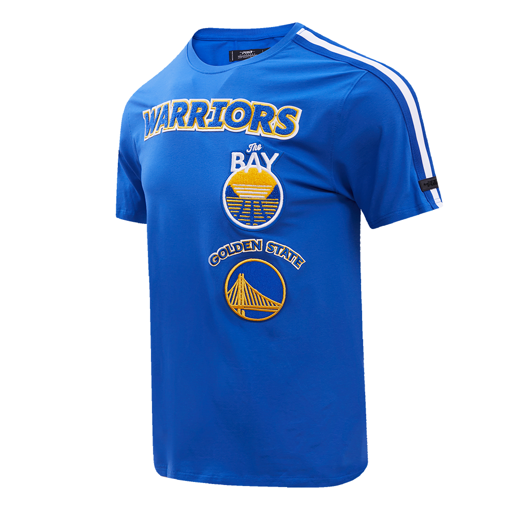 Full-length shot of the men's Golden State Warriors T-shirt highlighting the retro taping features in royal blue
