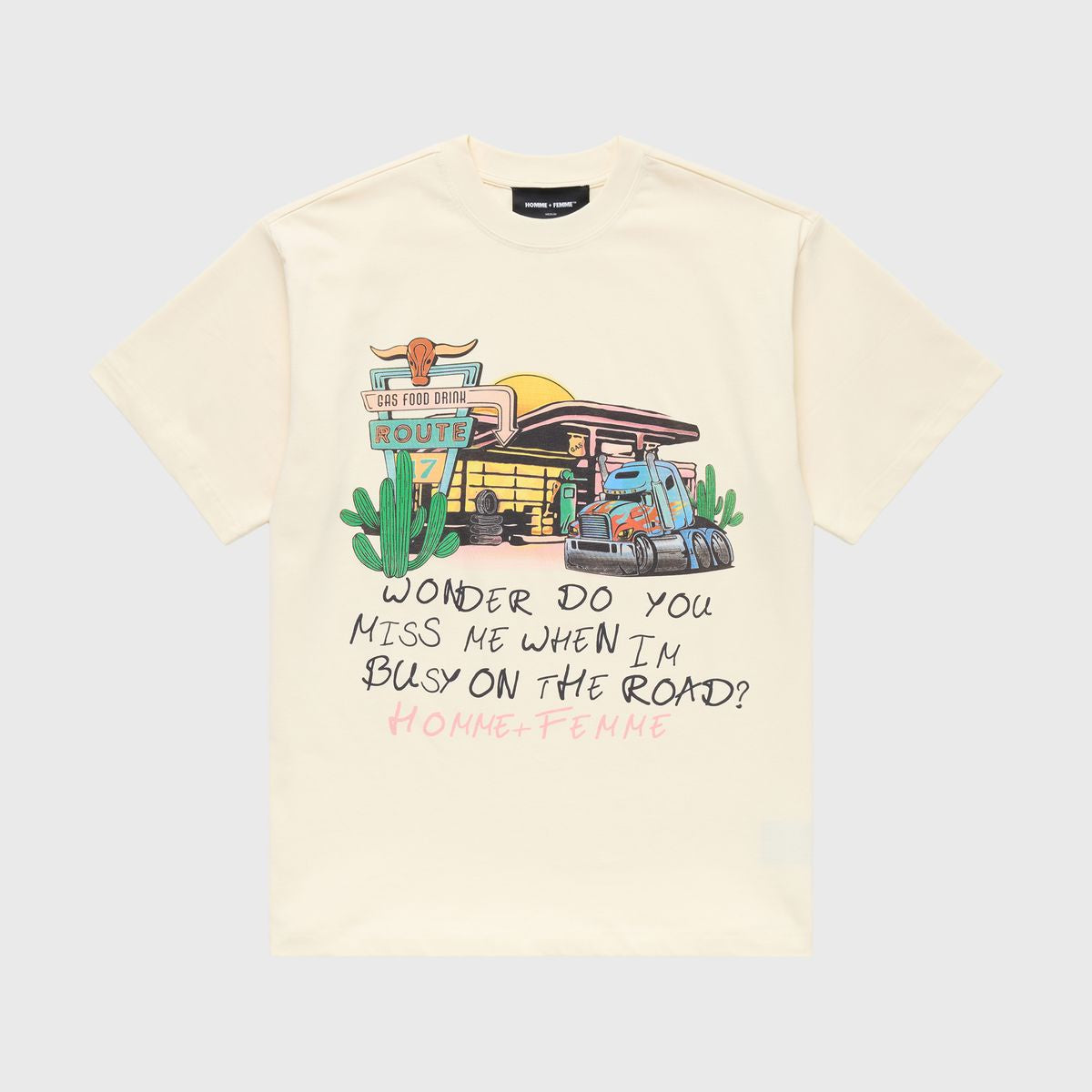 White cotton Truck Stop T-shirt for men and women with light faded wash and silk screen print detailing