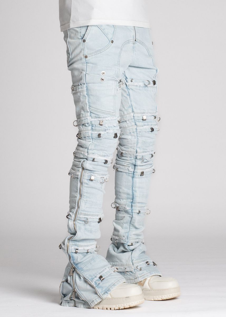 Guapi Aqua Blue Stacked Piercing Denim Jeans