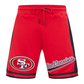 Red and black San Francisco 49ers athletic shorts with script tail design by Pro Standard
