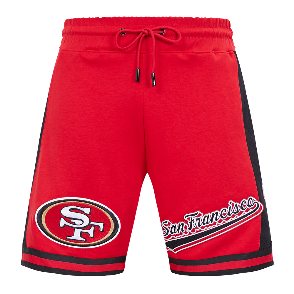Red and black San Francisco 49ers athletic shorts with script tail design by Pro Standard