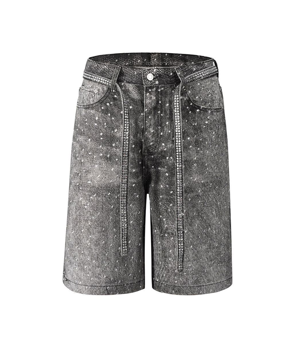 Luxury black denim shorts featuring all-over hand-embellished rhinestones, a baggy fit, and a removable rhinestone belt for versatile styling