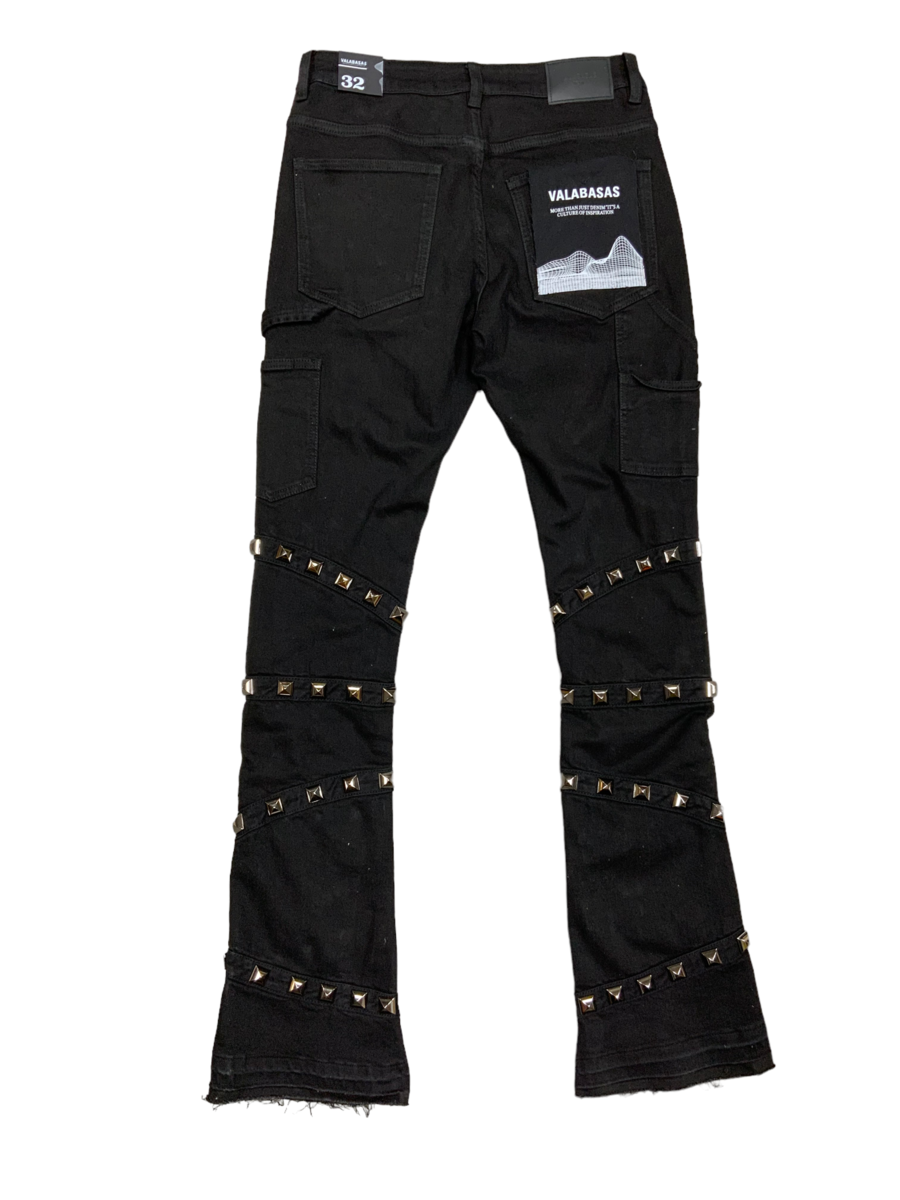 VLBS5743 Valabasas Pyrgos Black Stacked Denim Jeans with tapered leg and ripped accents