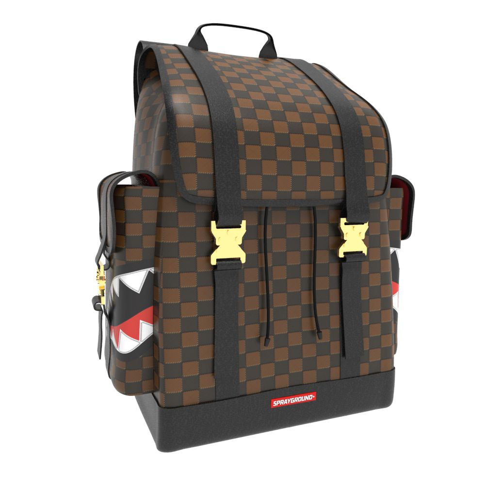 A stylish Sprayground Sawtooth Sharks In Paris Monte Carlo Backpack made of 100% PVC with dimensions 18 x 11 x 7