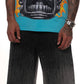 Detailed shot of rhinestone embellishments on Vicious Black Denim Shorts emphasizing craftsmanship