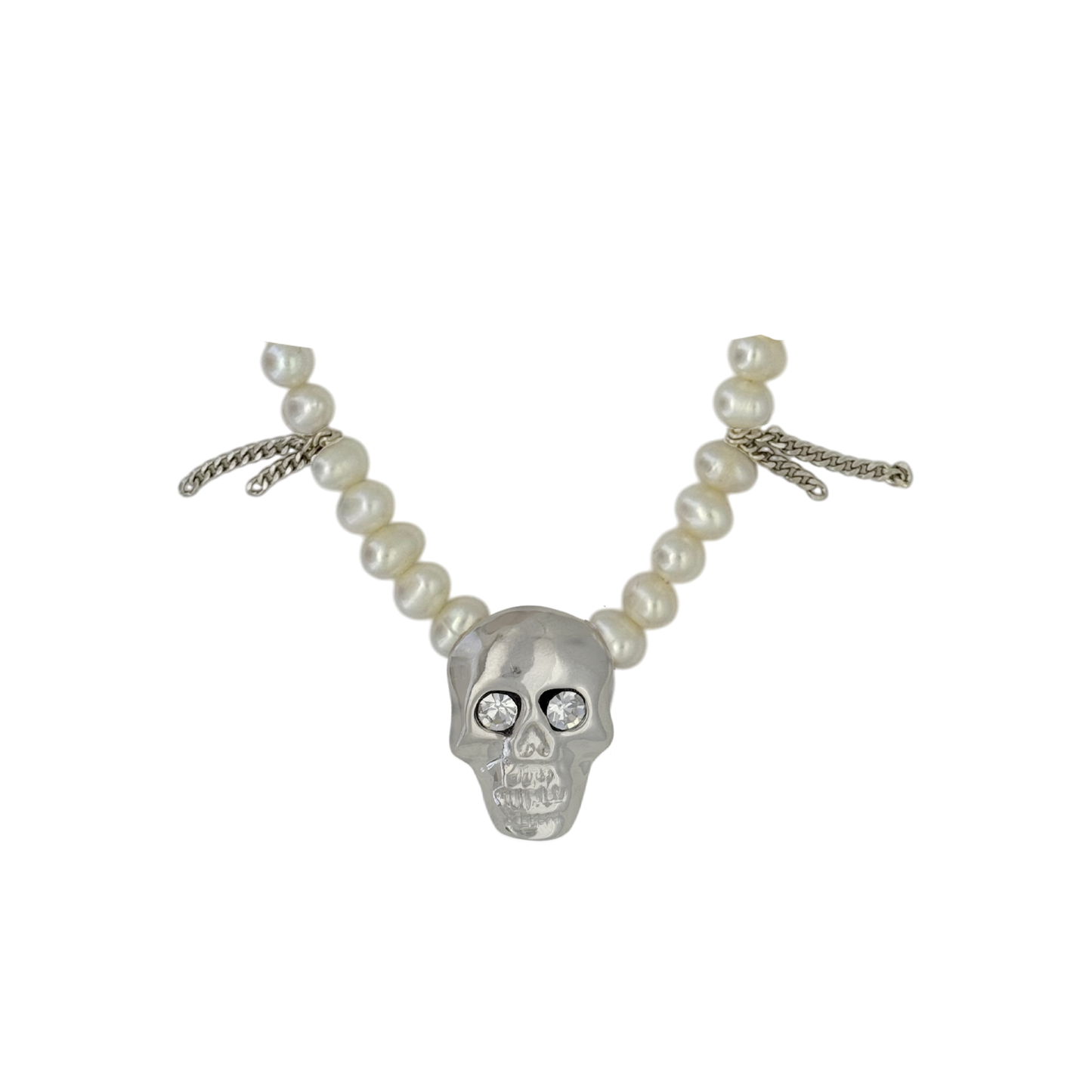 925 silver necklace with single skull and clear pearl pendant