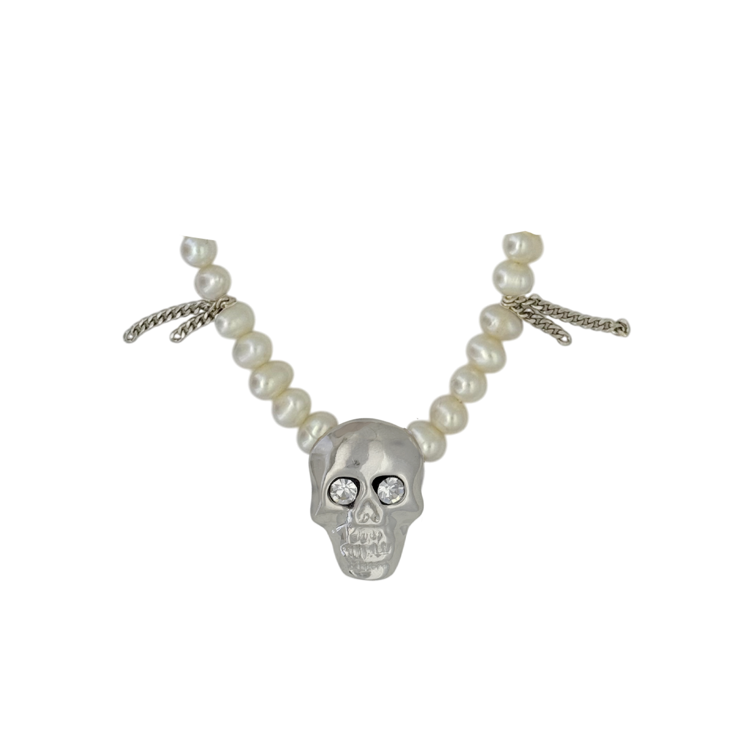 925 silver necklace with single skull and clear pearl pendant