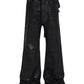 Heavyweight black denim jeans with wide flare legs and patchwork rear detailing