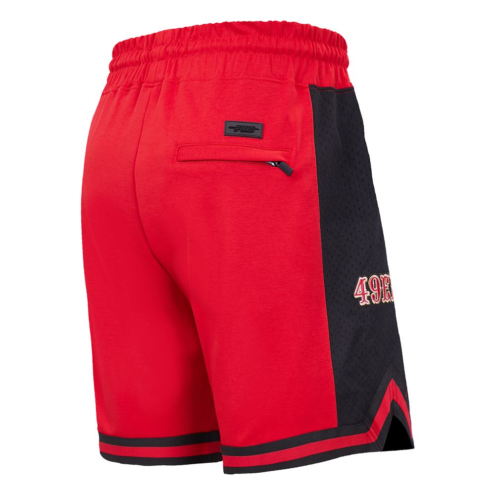 Front view of San Francisco 49ers athletic shorts in red and black with team branding