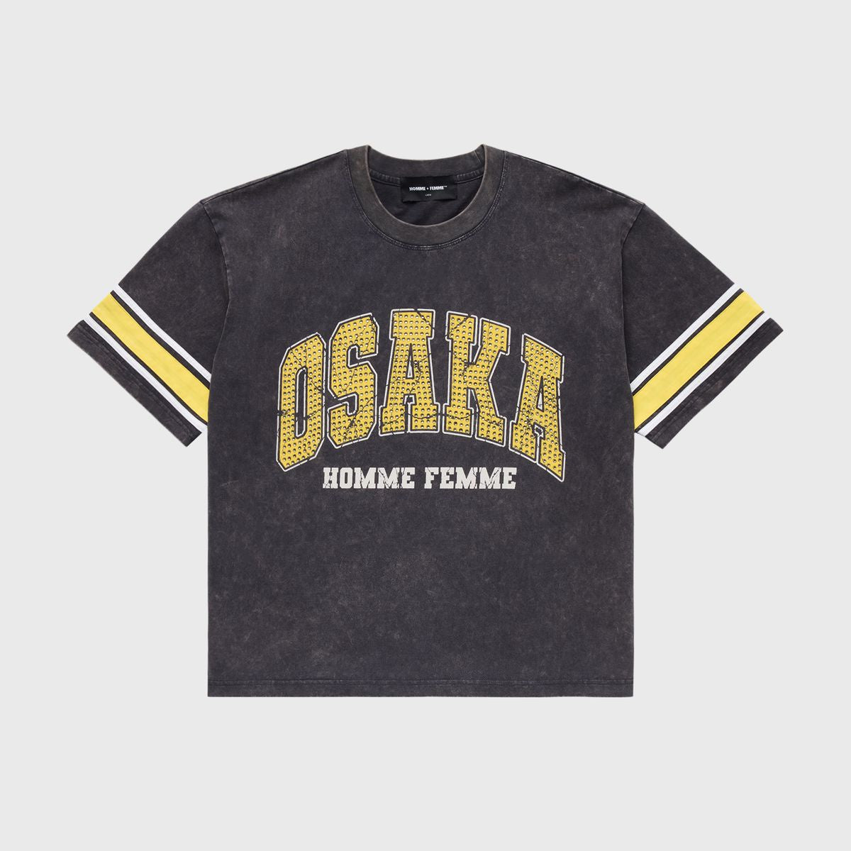 Long-sleeve cropped black and yellow Osaka rhinestone T-shirt with varsity stripes and vintage stone-washed finish for Homme and Femme