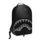 Close-up of the black nylon backpack with shark graphic and spacious main compartment