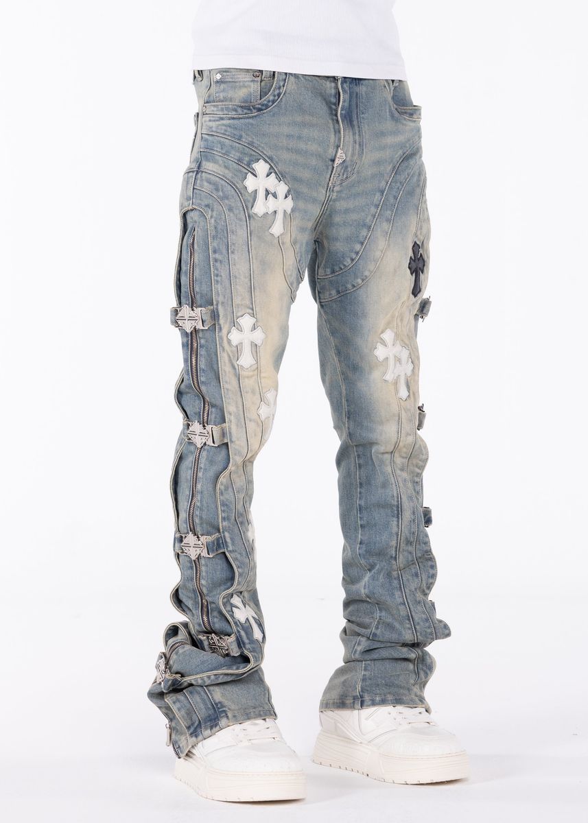 Guapi Vintage Blue Cross Buckle Denim Jeans