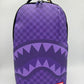 Close-up of Sprayground Purple Sharks In Paris backpack showcasing PVC material and detailed shark graphics