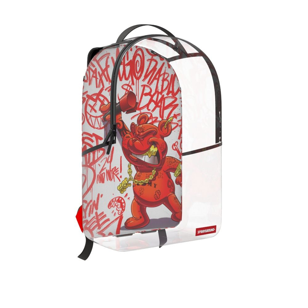 Transparent Sprayground Bear Grills DLX Backpack showing clear PVC material and spacious dimensions