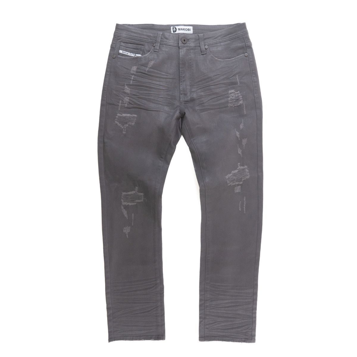 Close-up of Makobi Segreto Gray Jeans with rips and frayed hem