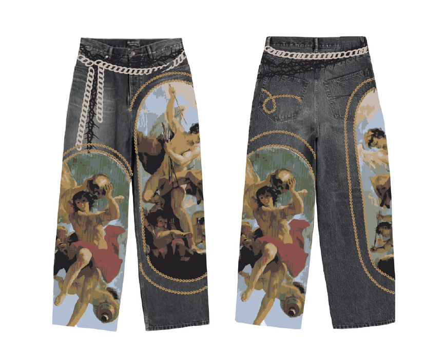 A pair of Amor Jeans digital print black baggy jeans with 32-inch length and stylish design