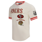 Close-up of the Pro Standard San Francisco 49ers men's short sleeve retro t-shirt in eggshell and red hues