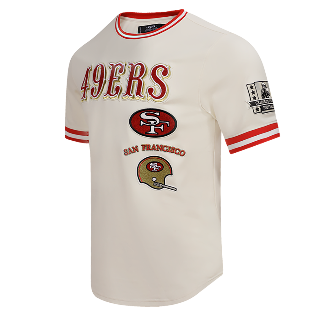 Close-up of the Pro Standard San Francisco 49ers men's short sleeve retro t-shirt in eggshell and red hues