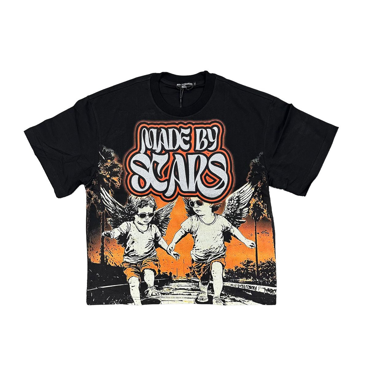 Stylish black t-shirt featuring rhinestone accents and the Twin design element