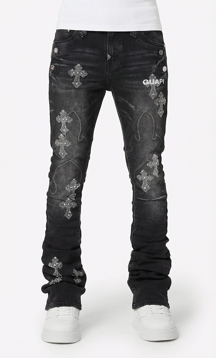 Guapi Obsidian Cross Black Faded Denim Jeans