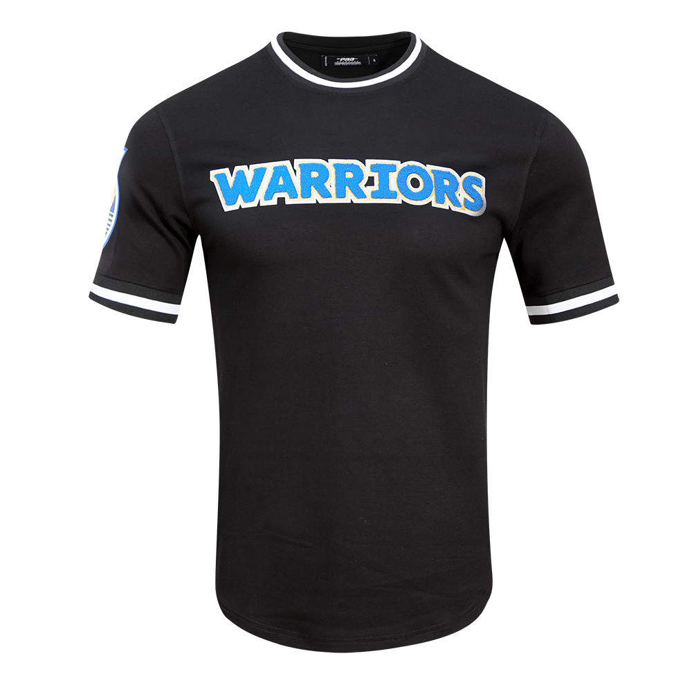 Golden State Warriors Classic Chenille Tee in black showcasing vintage-inspired design with team logo