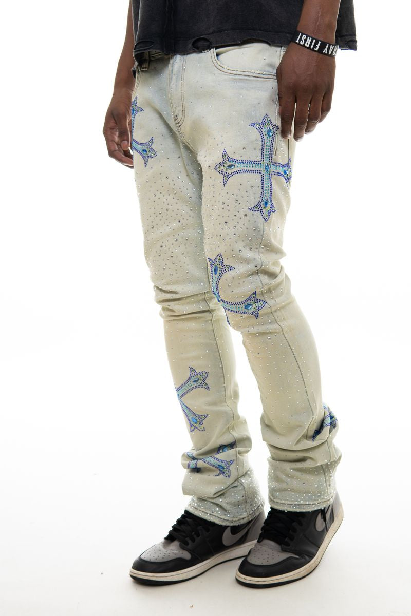 Vicious Embellished Rhinestone Light Blue Denim Flare Jeans with intricate rhinestone embellishments