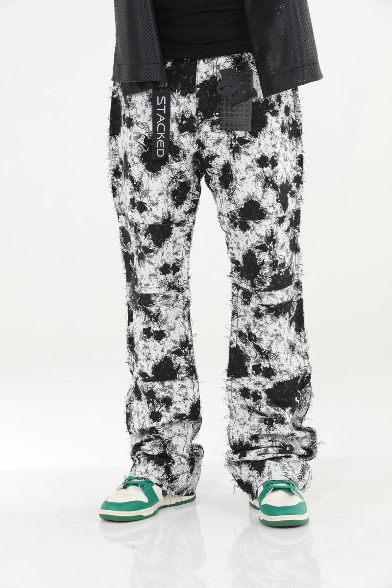 Stylo Tapestry Stacked White Black Denim Jeans with distressed details and frayed hems