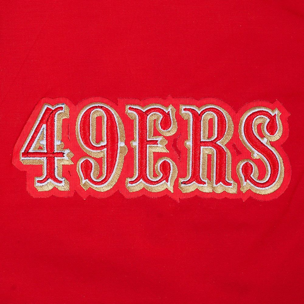 Side profile of the men's red Pro Standard 49ers full zip wind hoodie showcasing sleek design