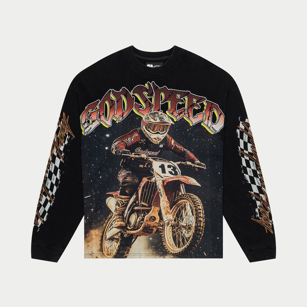 Godspeed Full Throttle Long Sleeve Black Wash showcasing limited edition numbered design with striking art and stone accents
