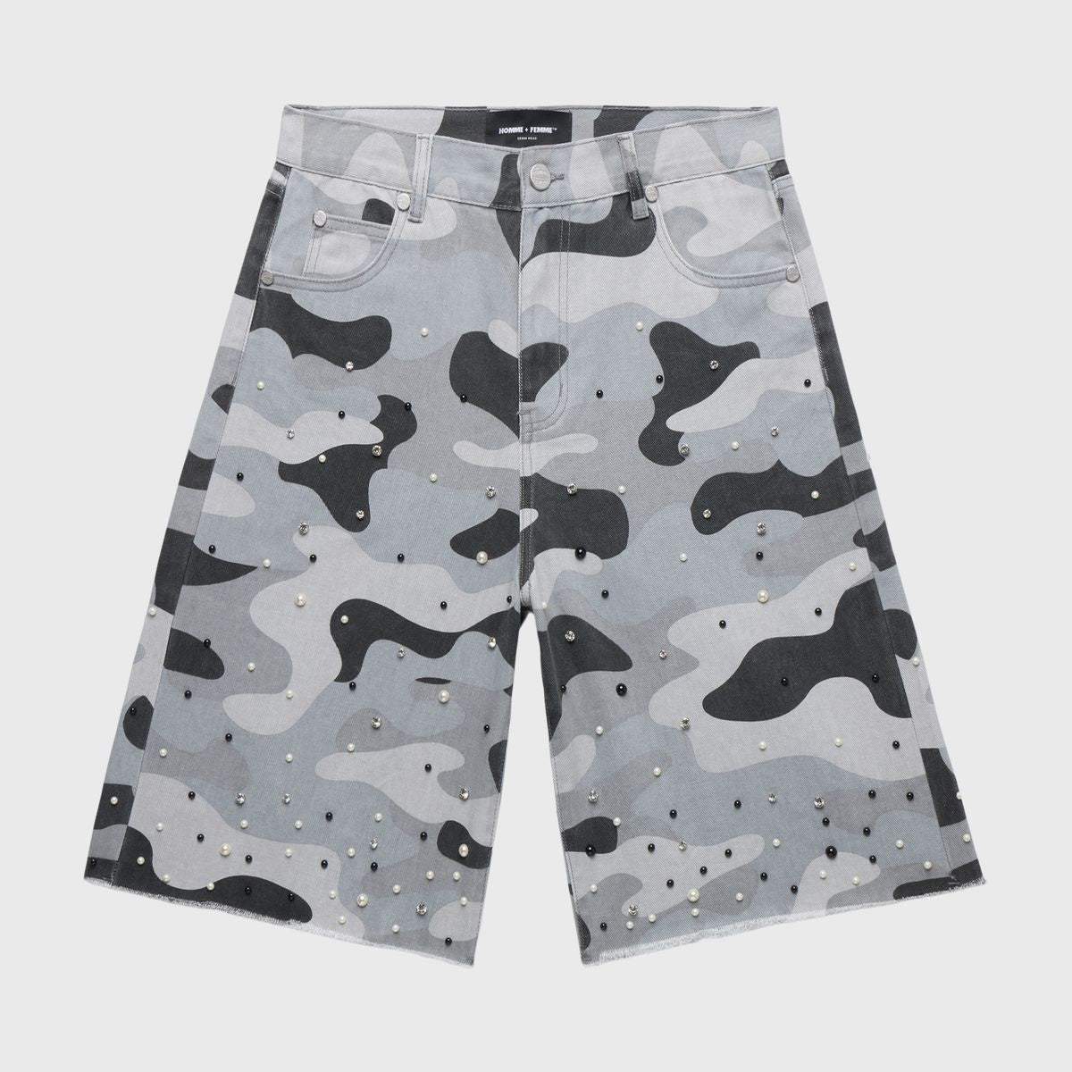 Luxe camouflage shorts featuring snow camo print with rhinestone embellishments and raw frayed hem
