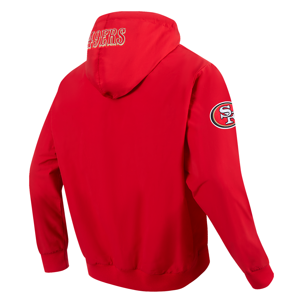 Front view of Pro Standard 49ers wind hoodie highlighting the full zip design in red