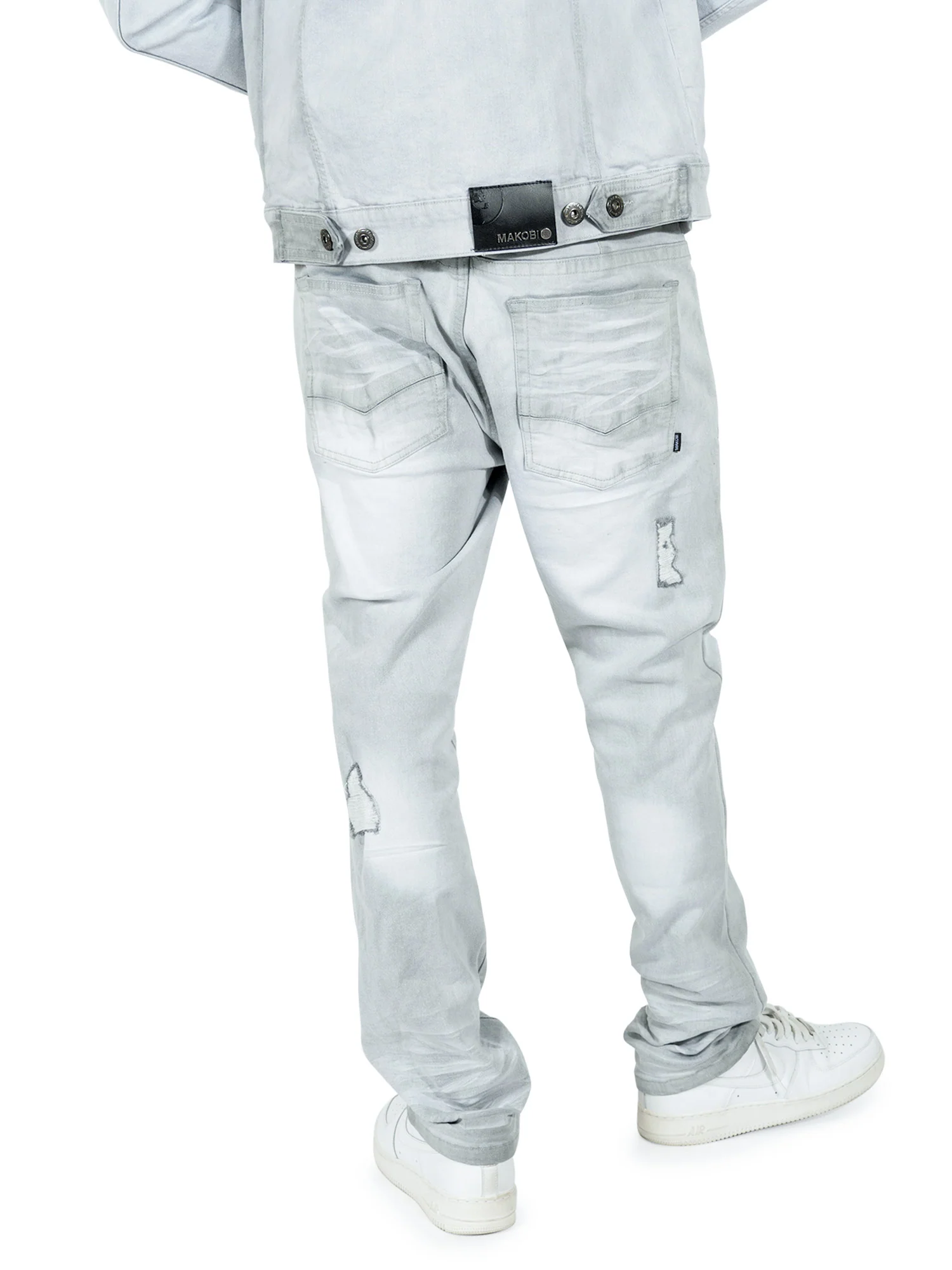 Close-up of Makobi Moreli Grey Denim Jeans M1979 highlighting durable denim fabric and modern stitching