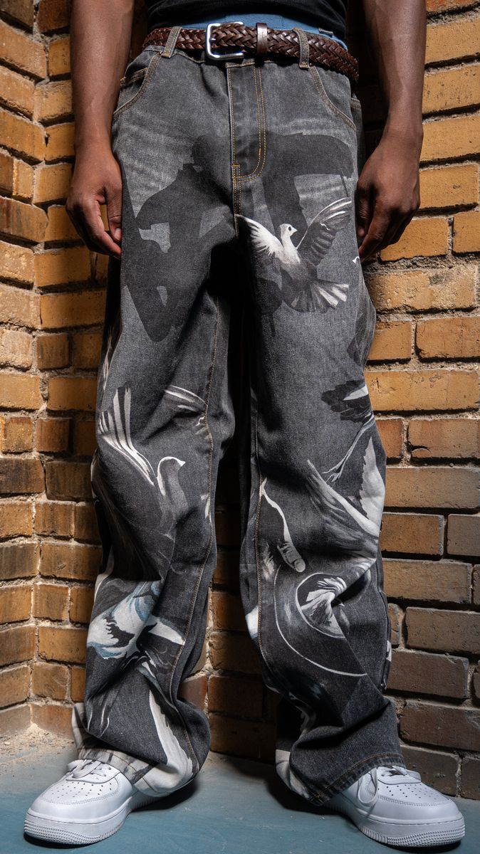 Amor Jeans Digital Print Black Baggy Jeans (RM204B)