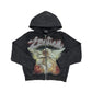 Black acid wash hoodie featuring rhinestone accents and a zip-up front
