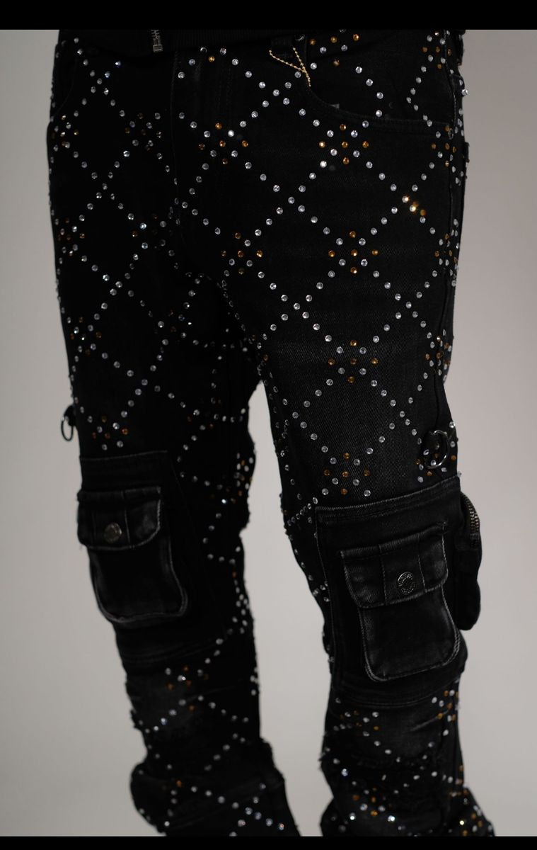 Vicious Two Tone Rhinestone Cargo Flare Denim Jeans in Black Denim