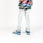 PHEELINGS Soulful Serenity Light Blue Flare Stack Denim - Front view of stylish light blue denim jeans with flared legs and stack design