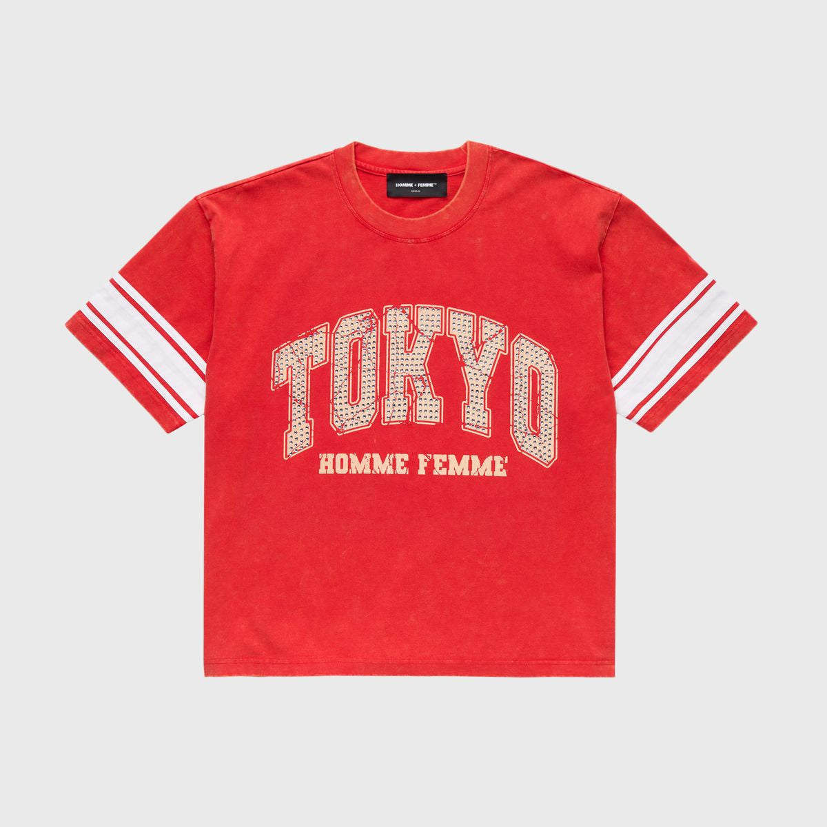 Men and women wearing vibrant red Tokyo rhinestone T-shirts showcasing stylish casual fashion